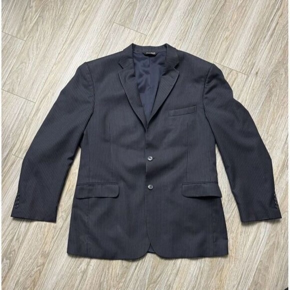 Jos A Bank Blazer Mens 44 Long Navy Blue Pin Striped Wool 2 Button Sport Coat - Picture 2 of 10